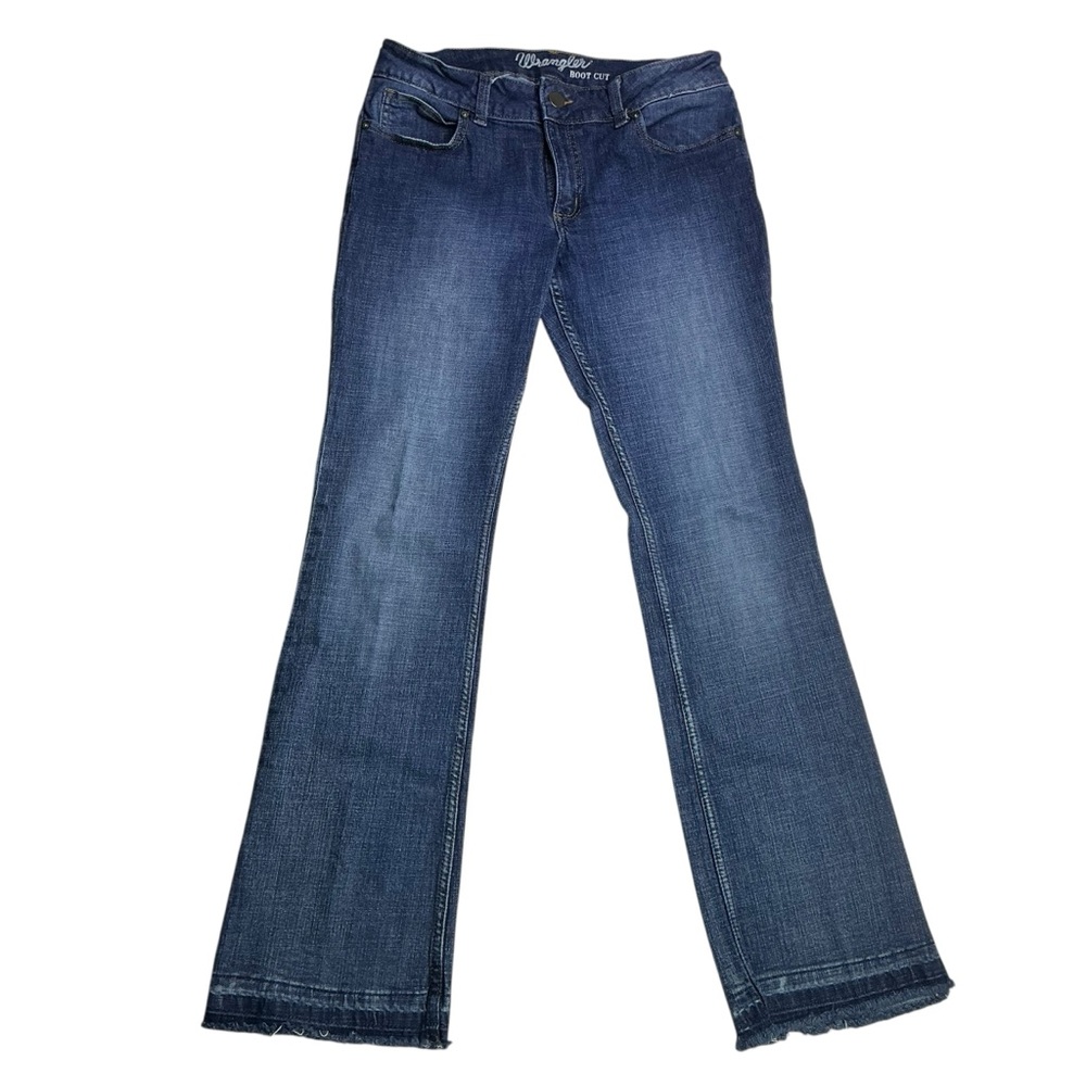 Wrangler Women's Dark Medium Blue Denim Wash Bootcut Jeans Raw Cuff Size 11 x 34